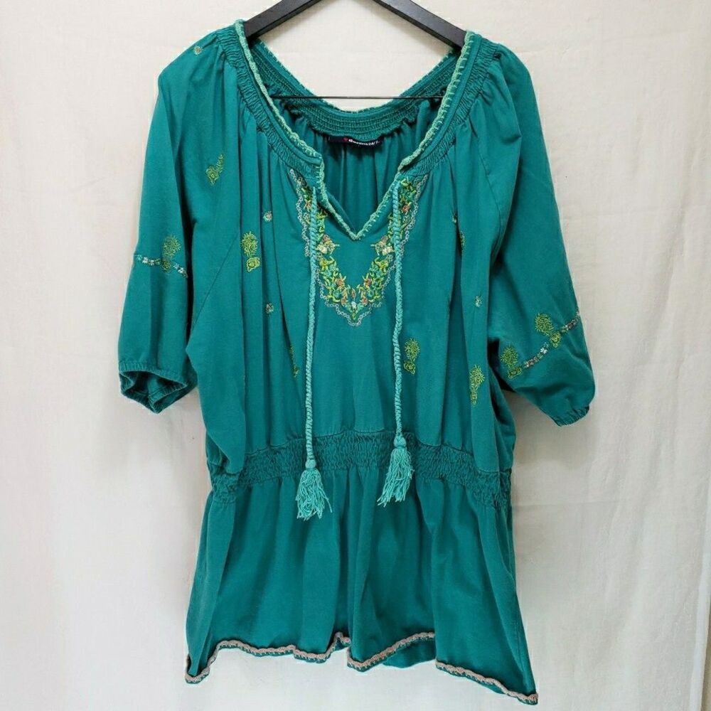Denim 24/7 Teal Peasant Blouse Embroidered Tassel Tie Smocked Waist Boho Tunic